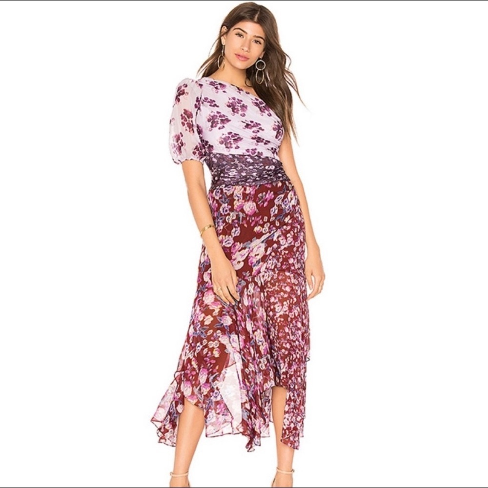 AMUR Laura Floral‎ Silk One Shoulder Dress Size 2 Lavender Purple Asymmetric Hem